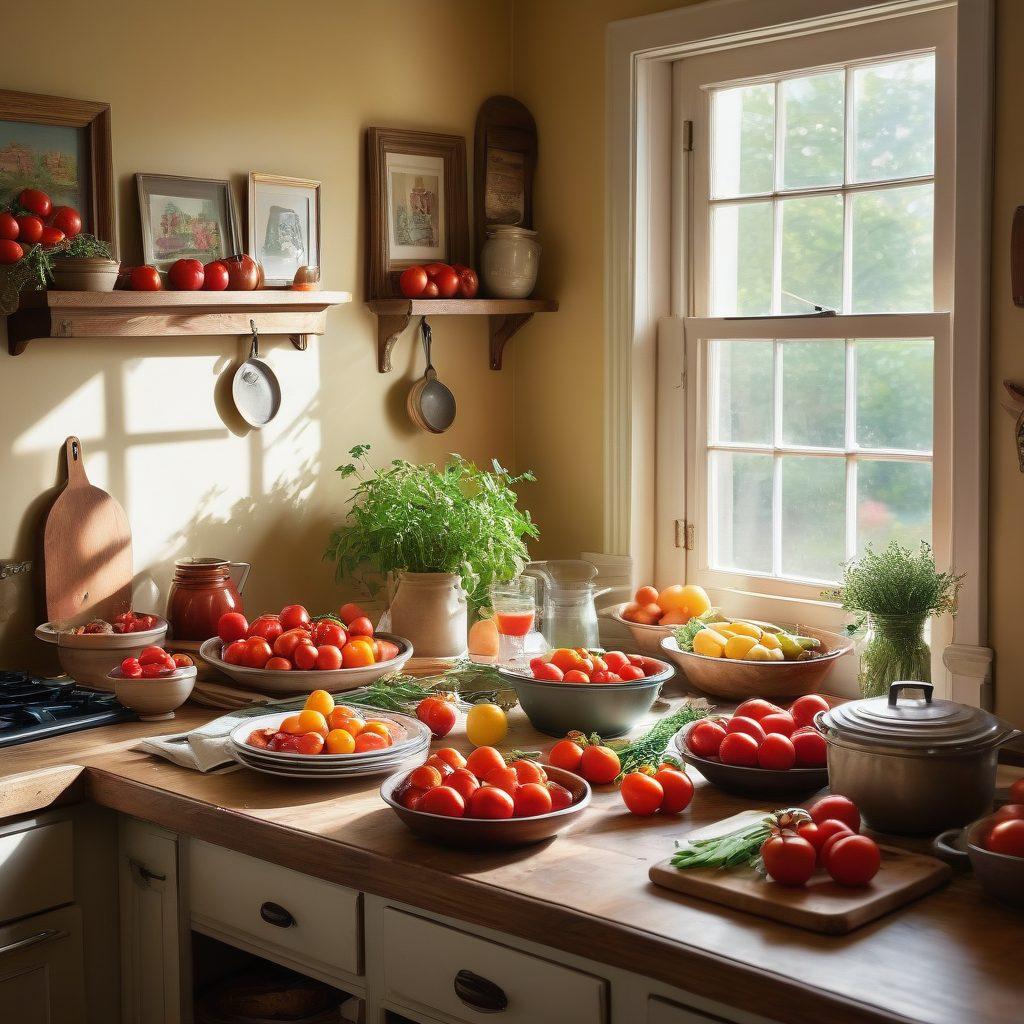 A cozy kitchen scene showcasing a vibrant table filled with diverse family recipes, featuring fresh seasonal ingredients like ripe tomatoes, herbs, and colorful fruits. Soft sunlight filters through the window, illuminating a handwritten recipe book open beside a lovingly prepared dish. Include elements of warmth and nostalgia, such as vintage cookware and family photos on the wall. painting. warm colors. soft focus.