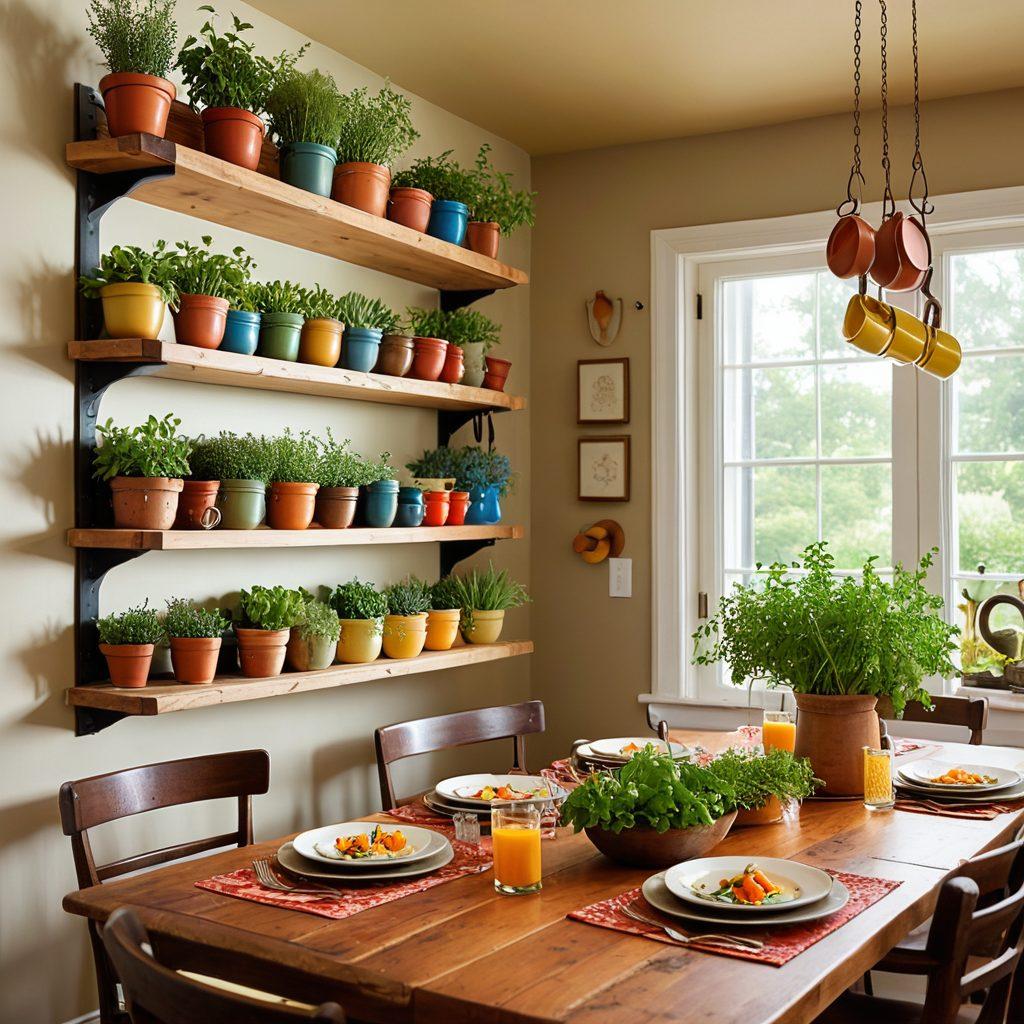 A beautifully arranged table featuring a variety of colorful, mouth-watering dishes from Cooks County cuisine, surrounded by fresh herbs and rustic cooking utensils. Soft, warm lighting enhances the textures of the food, inviting viewers into a cozy dining experience. In the background, a quaint kitchen setting adds charm, with wooden shelves and hanging pots. super-realistic. vibrant colors. warm tones.