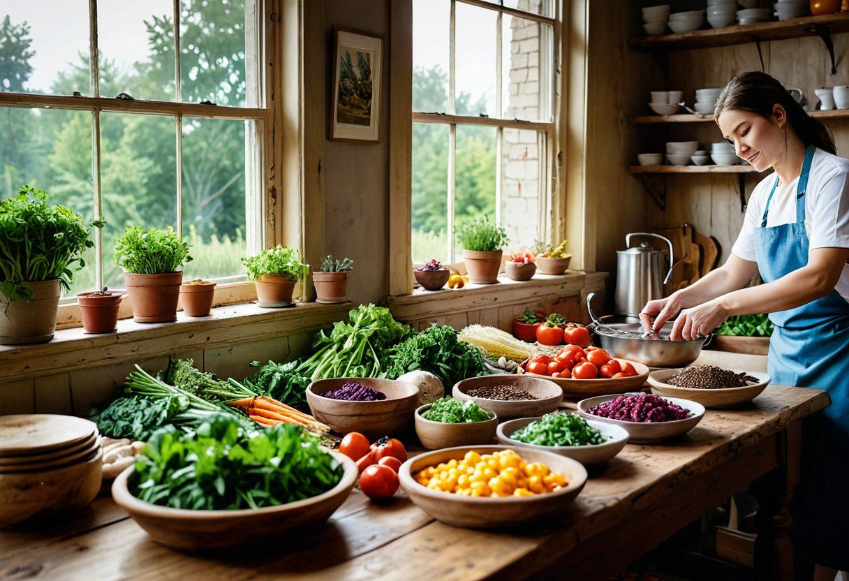 A rustic kitchen setting with fresh local ingredients like herbs, vegetables, and grains artfully arranged on a wooden table. A vibrant dish showcasing colorful healthy cooking, with hands preparing the meal, exuding warmth and community spirit. Soft, natural lighting pours in through a window, enhancing the homely atmosphere. Include a hint of Cook County landscape visible through the window to emphasize local cuisine. watercolor painting. vibrant colors. natural light.